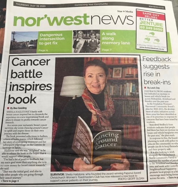 The front page of the local newspaper featured a story on CWC President Sheila Hailstone DTM and the launch of her book Dancing Around Cancer.